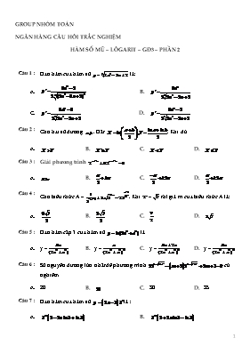 Ngân hàng câu hỏi trắc nghiệm Toán Lớp 12 - Chủ đề Hàm số mũ lôgarit (Phần 2)